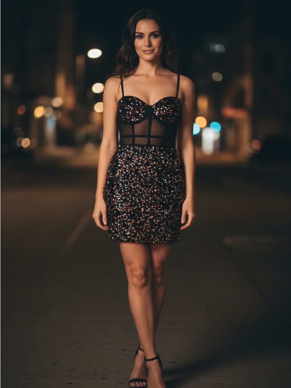 Black Sparkle Bustier Mini Dress with Multicolor Sequins